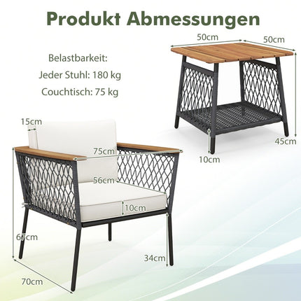 3 pcs. Garden Furniture Set Rattan Chair Set with 2 Tier Coffee Table Outdoor Conversation Set