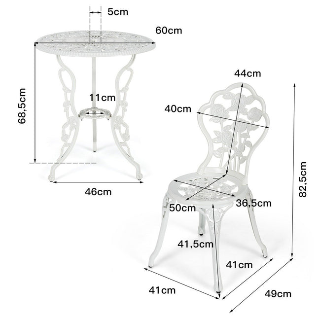 3 pcs. Garden furniture set balcony set with 2 chairs & table made of cast aluminum & cast iron white