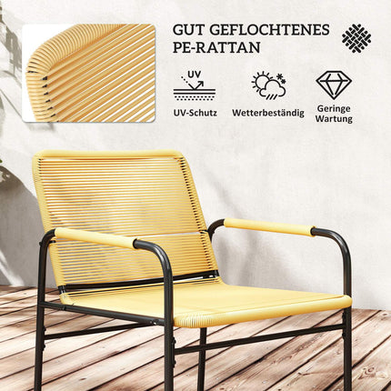 3 stuks Rotan bistroset, zitgroep, tuinset met 2 tuinstoelen, salontafel, balkonmeubelset voor tuin, terras, staal, geel | Aosoom