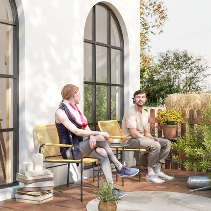 3 stuks Rotan bistroset, zitgroep, tuinset met 2 tuinstoelen, salontafel, balkonmeubelset voor tuin, terras, staal, geel | Aosoom
