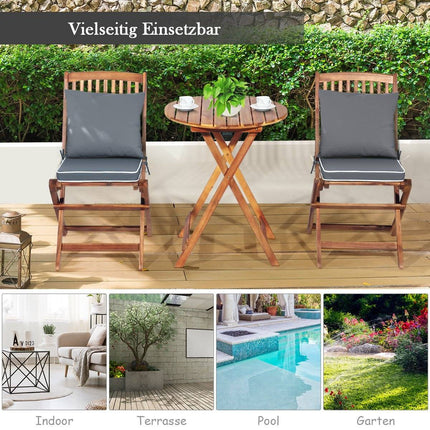 3-piece balcony furniture set with round table, 2 chairs, and 2 cushions. Ergonomic seating set, gray.