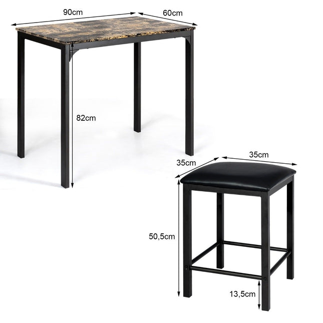 3-piece dining table set, bar table set with 2 padded bar stools, metal frame, brown