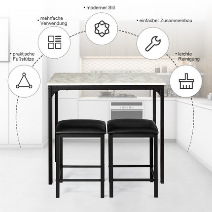 3-piece dining table set, bar table set with 2 padded bar stools, metal frame, white