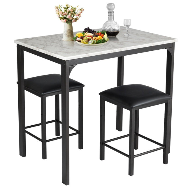 3-piece dining table set, bar table set with 2 padded bar stools, metal frame, white