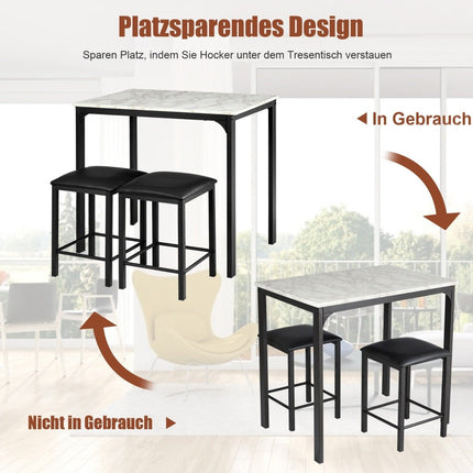 3-piece dining table set, bar table set with 2 padded bar stools, metal frame, white