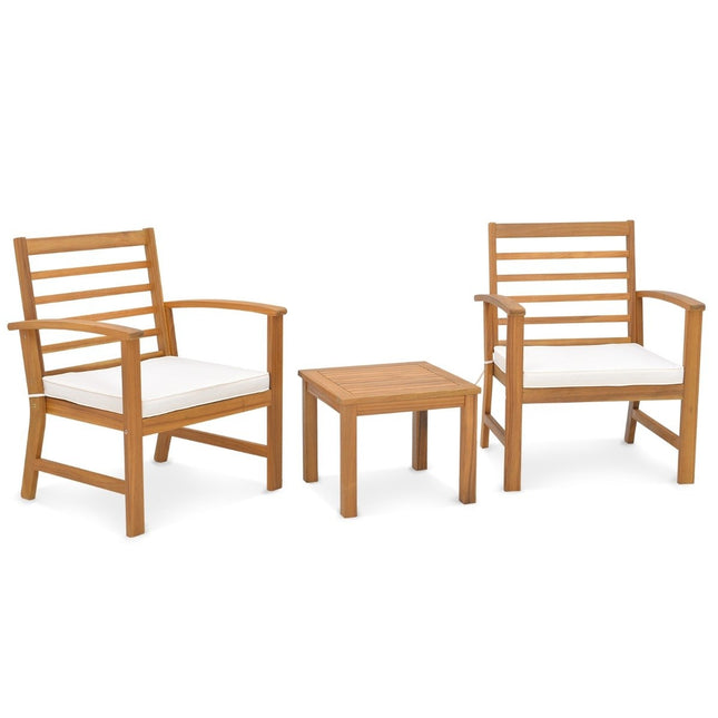 3-piece garden furniture set made of acacia wood with soft seat cushions and sturdy acacia wood frame
