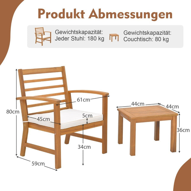 3-piece garden furniture set made of acacia wood with soft seat cushions and sturdy acacia wood frame