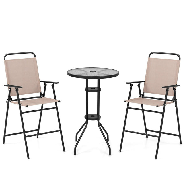 3-piece outdoor bistro set, patio bar table with 2 folding chairs and parasol hole, beige