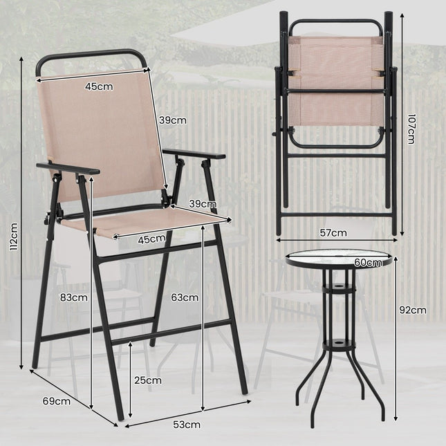 3-piece outdoor bistro set, patio bar table with 2 folding chairs and parasol hole, beige