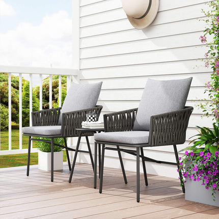 3-piece outdoor furniture set, 2 chairs, 1 table, bistro set, artificial rattan, steel frame, metal table, 4 cushions, grey