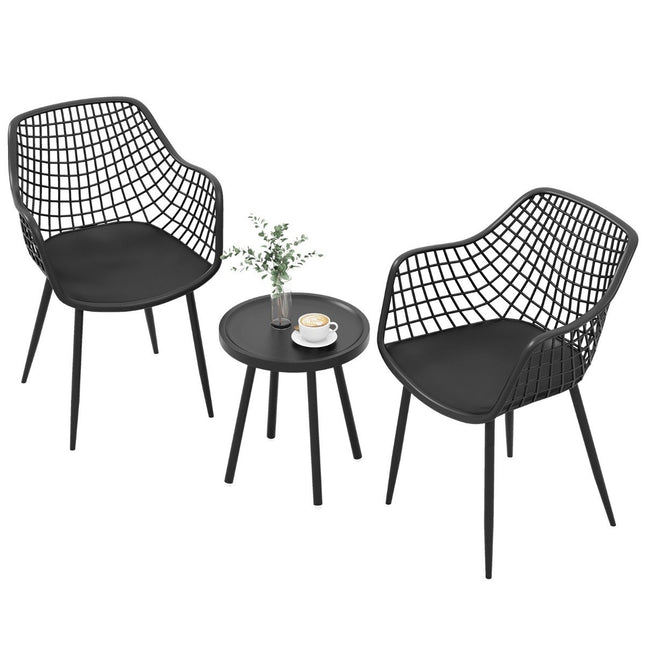 3-piece patio furniture set bistro chairs and side table with seats + table top made of PP black