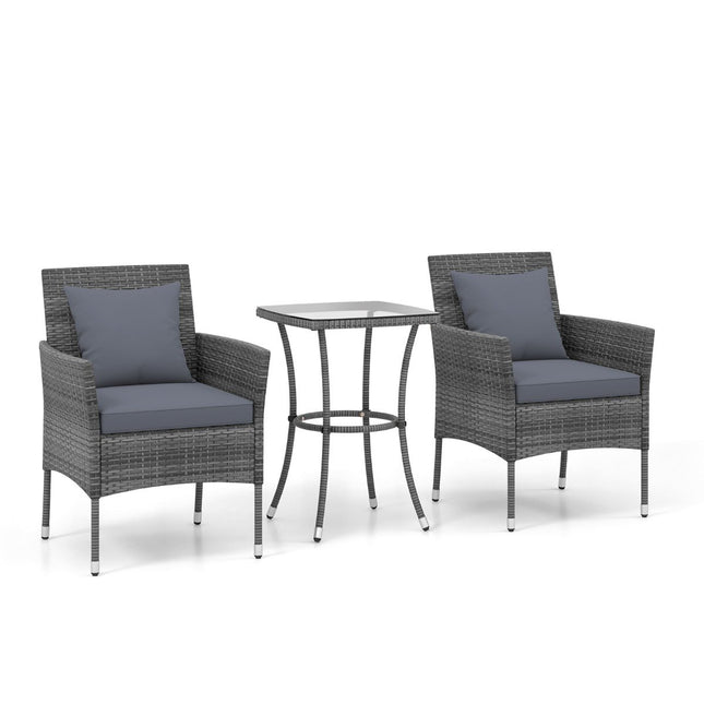 3-piece polyrattan garden furniture set with glass table and cushions. Rattan furniture seating group. Rattan garden set, grey.