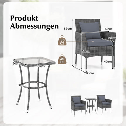 3-delige polyrotan tuinmeubelset met glazen tafel en kussens. Rotan zitgroep. Rotan tuinset, grijs.