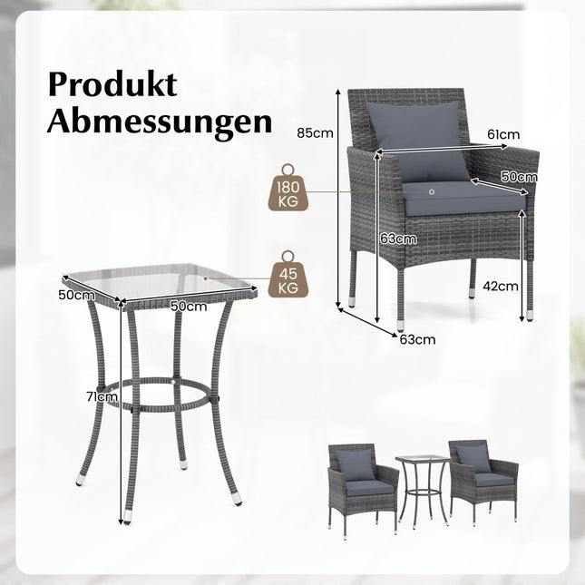 3-piece polyrattan garden furniture set with glass table and cushions. Rattan furniture seating group. Rattan garden set, grey.