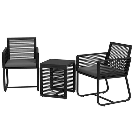 3-delige rotan tuinmeubelset, elegante zitgroep met 2 tuinstoelen en bijzettafel van gehard glas met kussens voor balkon, zwart