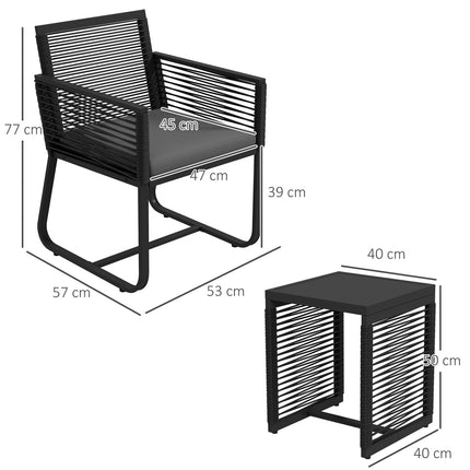 3-delige rotan tuinmeubelset, elegante zitgroep met 2 tuinstoelen en bijzettafel van gehard glas met kussens voor balkon, zwart
