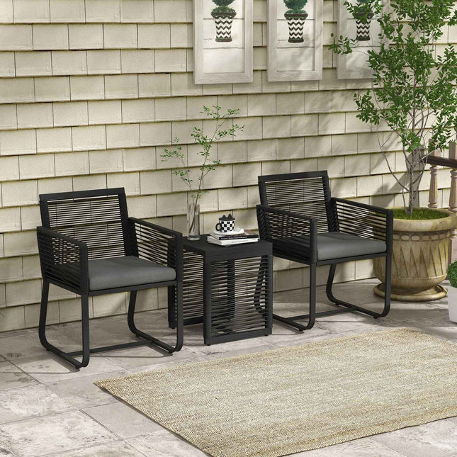Rattan garden furniture with cushions - 3 pieces, black