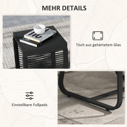 3-delige rotan tuinmeubelset, elegante zitgroep met 2 tuinstoelen en bijzettafel van gehard glas met kussens voor balkon, zwart