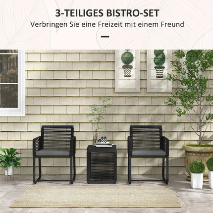 3-delige rotan tuinmeubelset, elegante zitgroep met 2 tuinstoelen en bijzettafel van gehard glas met kussens voor balkon, zwart