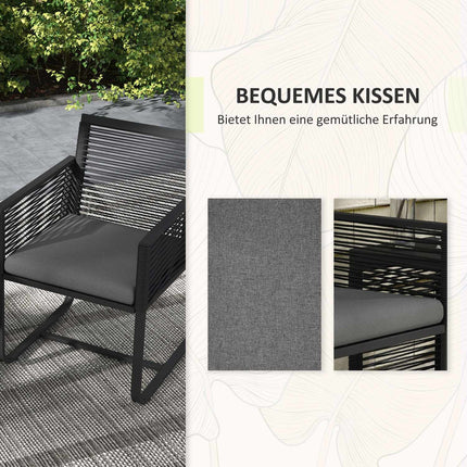 3-delige rotan tuinmeubelset, elegante zitgroep met 2 tuinstoelen en bijzettafel van gehard glas met kussens voor balkon, zwart