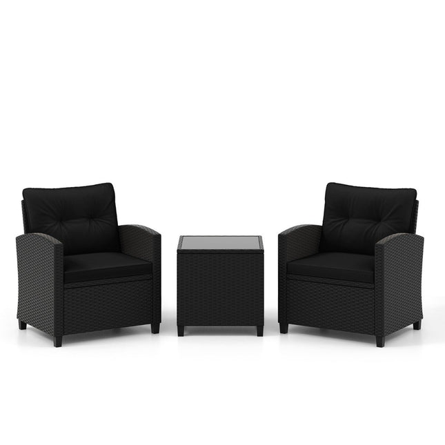 3-piece rattan garden furniture set including 2 armchairs and 1 side table, seating set with cushions, black