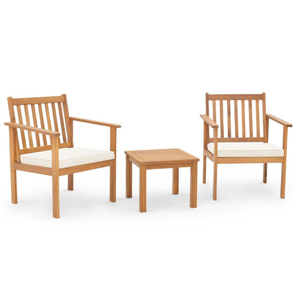 3 pieces Acacia wood patio furniture set 2 garden chairs with cushions & coffee table bistro set