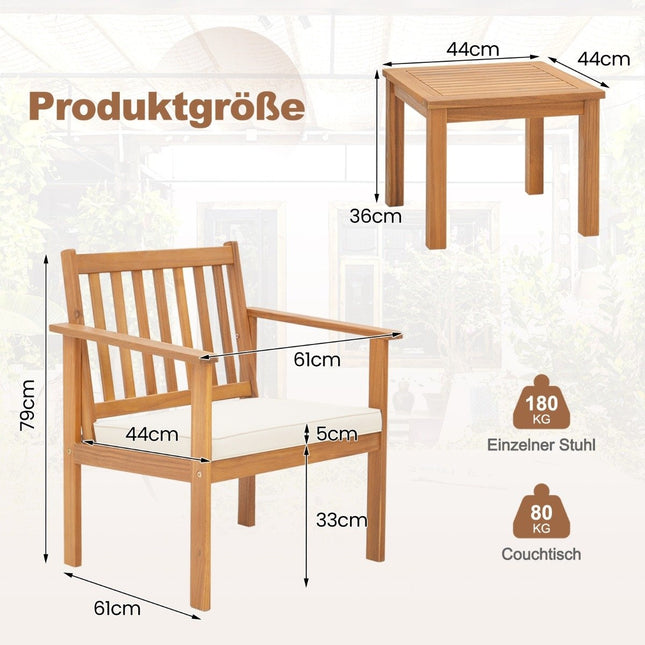 3 pieces Acacia wood patio furniture set 2 garden chairs with cushions & coffee table bistro set