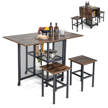 3 pieces Folding Dining Table Set Extendable Dining Table with 2 Stools & 2 Mesh Storage Shelves