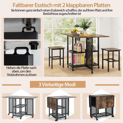 3 pieces Folding Dining Table Set Extendable Dining Table with 2 Stools & 2 Mesh Storage Shelves