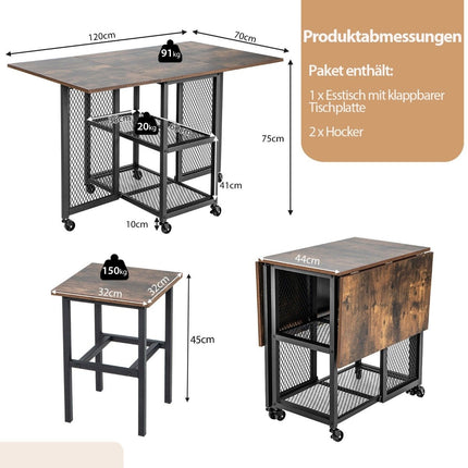 3 pieces Folding Dining Table Set Extendable Dining Table with 2 Stools & 2 Mesh Storage Shelves
