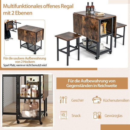 3 pieces Folding Dining Table Set Extendable Dining Table with 2 Stools & 2 Mesh Storage Shelves