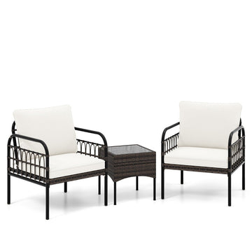 3 pieces Rattan armchair set with glass side table & cushions conversation set garden furniture set patio chairs