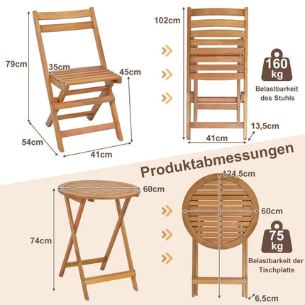 3 pieces Wooden bistro set with sturdy acacia wood frame & slatted seat & table top