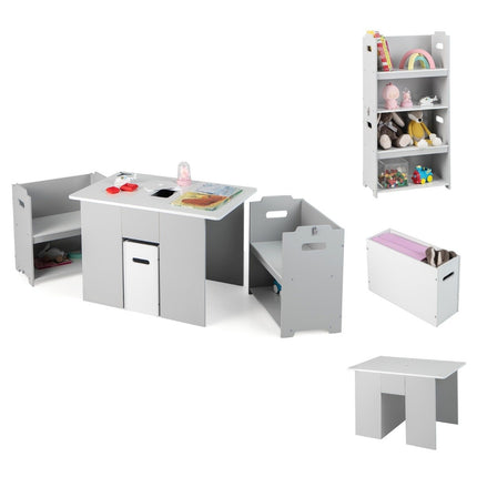 3-piece set of table and chairs for children 4-in-1 activity table with 2 stackable chairs grey and white