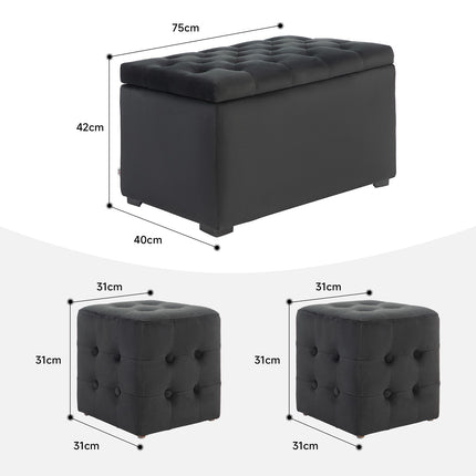 3-piece storage set: dark gray chest, stools, ottoman