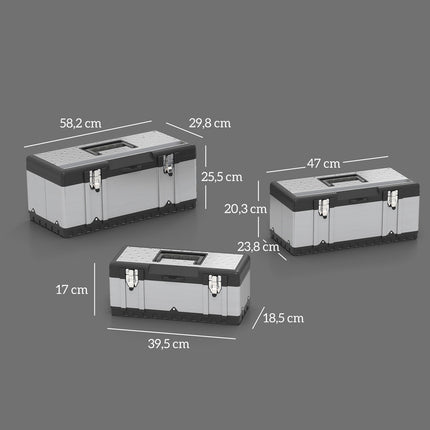 3-piece tool box set, stainless steel, plastic, silver