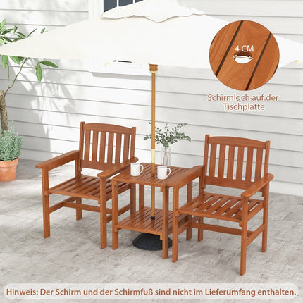 3-piece wooden bistro set with 2 chairs & table & hole for parasol seating group