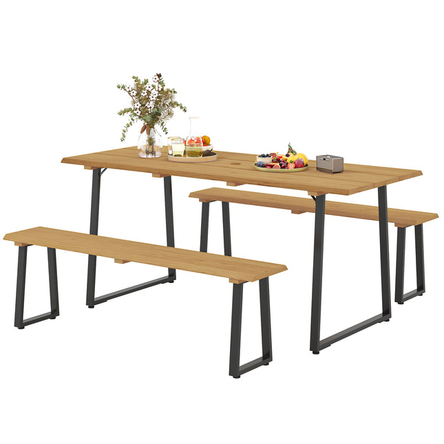 Wooden dining room set for 6 with table, benches and umbrella hole