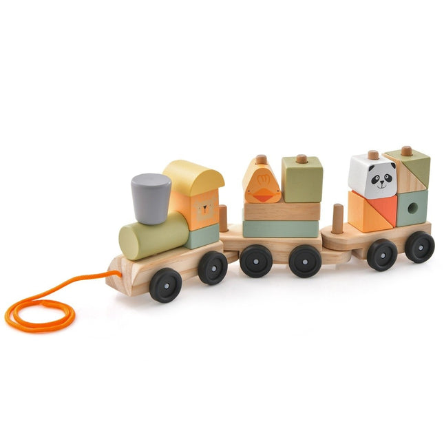 3-piece wooden train set with stackable building blocks, cute animal patterns and hook connections