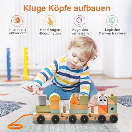 3-piece wooden train set with stackable building blocks, cute animal patterns and hook connections