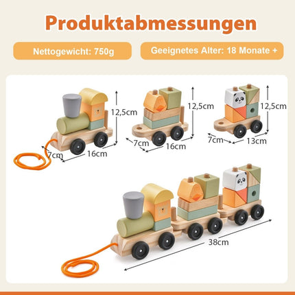 3-piece wooden train set with stackable building blocks, cute animal patterns and hook connections