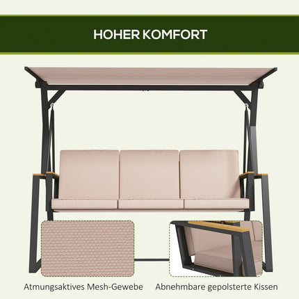 3-seater Khaki swing bench with cushions and roof, 300 kg
