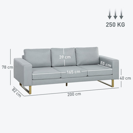 3-seater sofa, couch with solid wood frame, metal legs, simple design, light grey