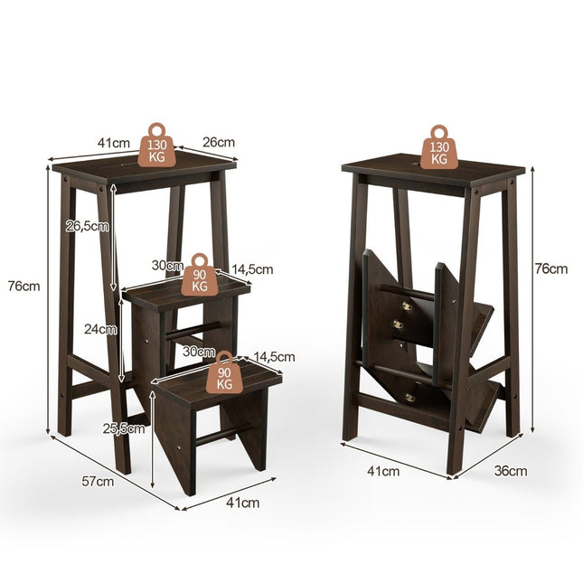 3-step folding stair bench with rotating steps and carrying handle, climbing aid, brown, up to 310 kg