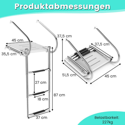 3-step folding telescopic boat ladder with fiberglass platform & 2 handrails 51.5 x 45 x 37.5 cm