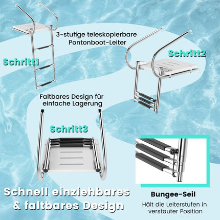 3-step folding telescopic boat ladder with fiberglass platform & 2 handrails 51.5 x 45 x 37.5 cm