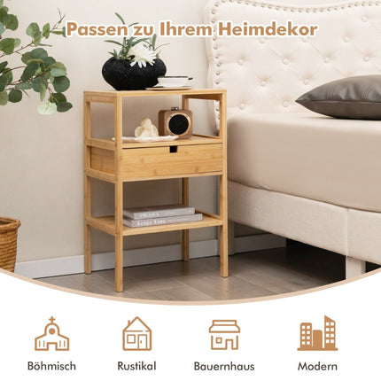 3-tier bedside table made of bamboo with drawer and slatted shelf side table natural