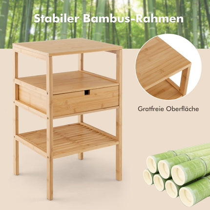 3-tier bedside table made of bamboo with drawer and slatted shelf side table natural
