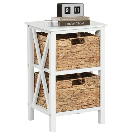 3-tier bedside table with 2 seagrass baskets & X-Design narrow side table 36 x 30 x 57 cm white