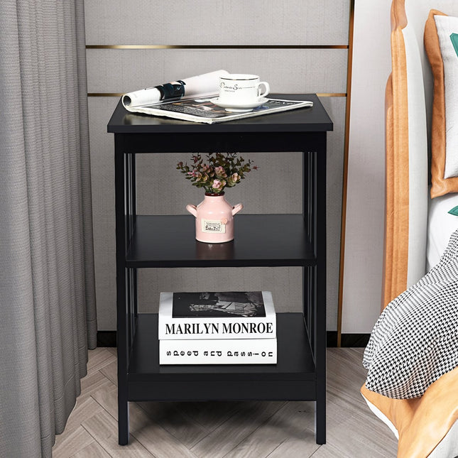 3 tier bedside table with shelf for bedroom 40x40x61cm black II-shaped